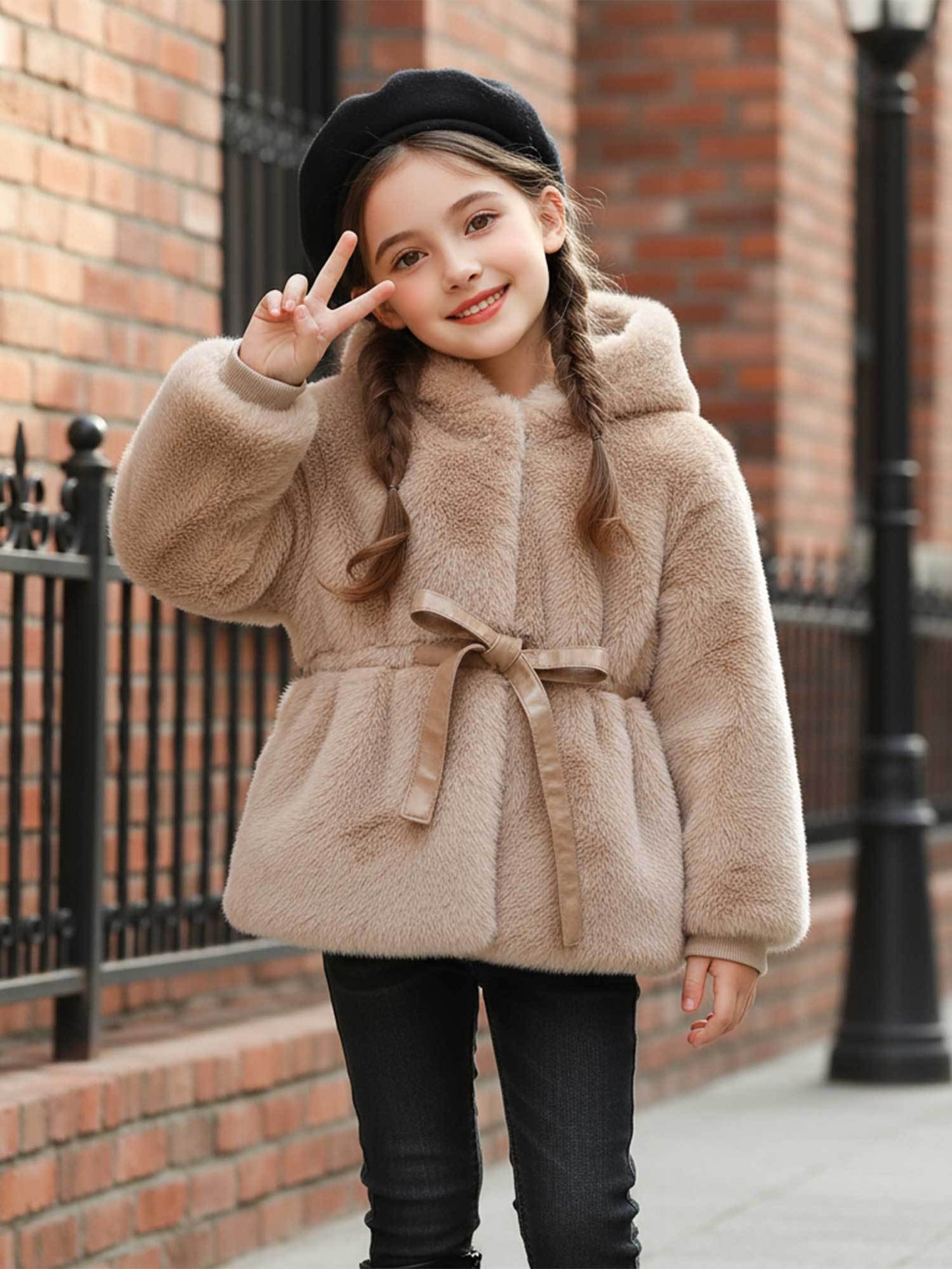 Girls' Winter Korean-Style Hooded Jacket with Faux Fur Plush & Waist Tie Belt - Thickened Coat, Beige/White Fur Outer, Loose Fit Warm Coat for, Playdates & Outdoor (Machine Washable) - Outerwear