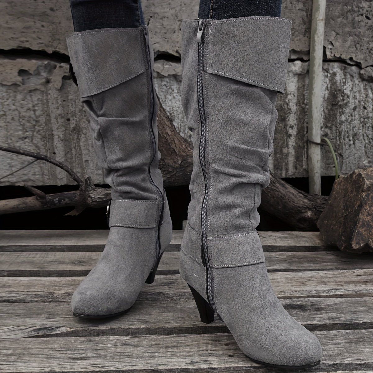 [Versatile Round Toe Boots] Versatile Round Toe Mid Calf Boots - Solid Color Chunky Heel Non-slip Outdoor Shoes - Women's