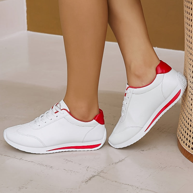 Women's Sneakers, Lace-Up Low-Top with Arch & Cushioned EVA Foam, -like Texture, White & Red Glossy Accent, All-Season Casual & Light Sports Shoes, Stylish White with Red Trim, White/Pink/Black Color Options, Korean Fashion-I