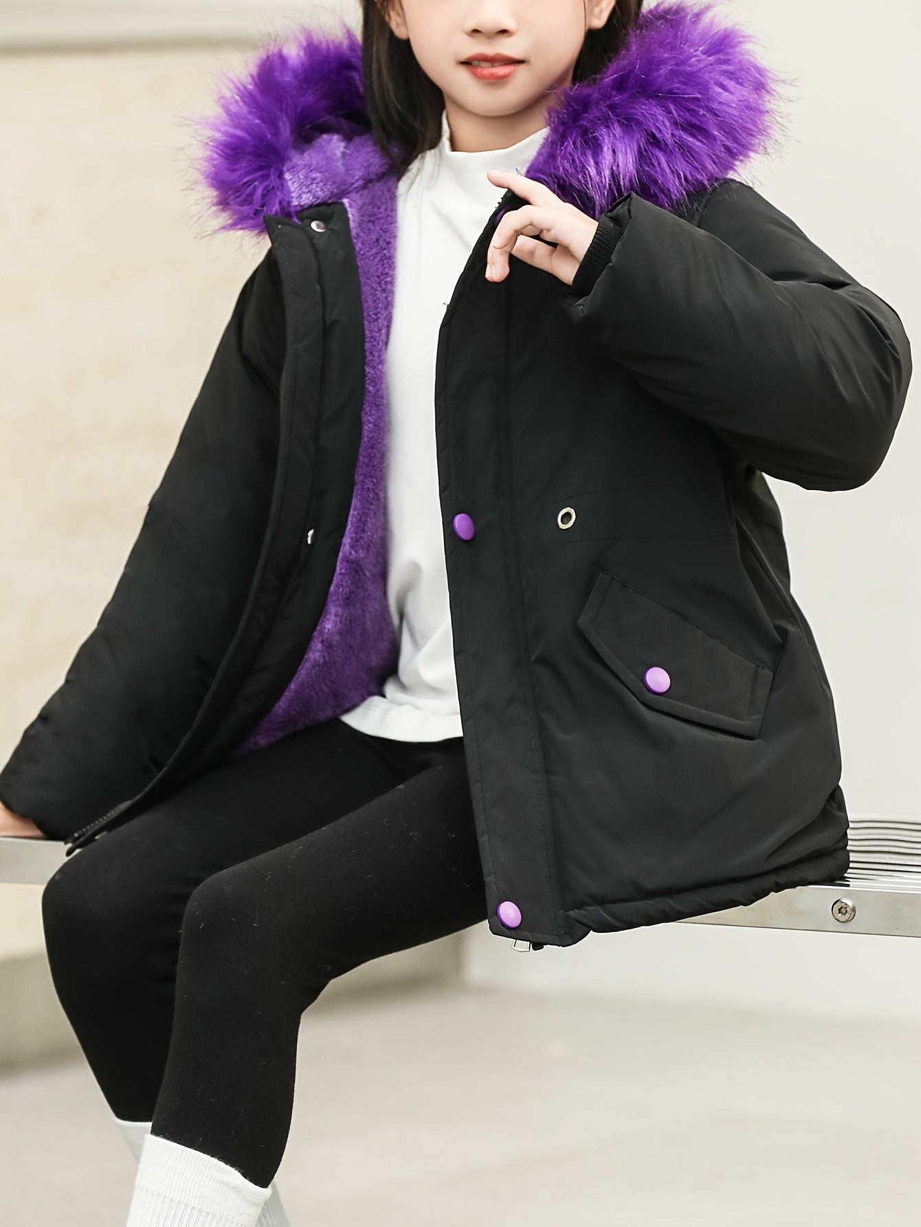 Girl's Chic Furry Collar Long Sleeve Parka Jacket, Comfy Plush Lined Warm Long Sleeve Outerwear