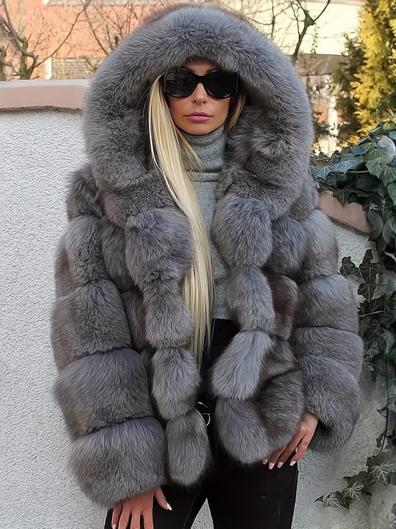 Plus Size, Women's Plus Size Oversized Hooded Faux Fox Fur Coat - Winter Warm Coat with Hood & Plush Fur Trim, Machine Washable Grey Jacket for Cold Weather, Casual Outerwear (No- Design) - Coat for Blonde Lady Picture