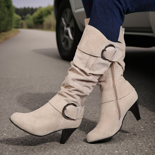 Women'S Beige Faux Cover Ankle Boots with Buckle Straps & Side Zipper - 2.76inch Chunky Heel, Round Toe Comfort for Fall, Versatile for Casual & Formal Outfits, High Heel Boots, Versatile Ankle Boots, Sleek Boot Design, Fabri