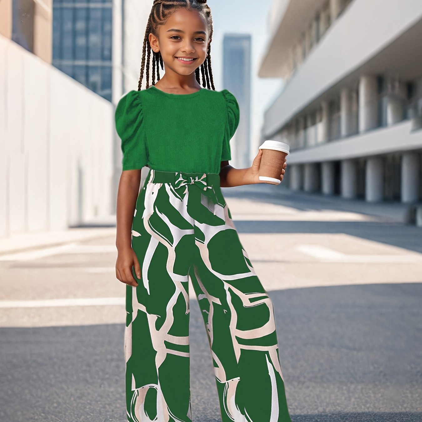 Bubble Sleeve Fashion Simple Top & Stylish Floral Print Wide Leg Pants, Girls' Long Trousers Set, Children's Casual Fashion Wide Leg Outfit Suitable for Ages 3 and Up, Perfect for Outdoor