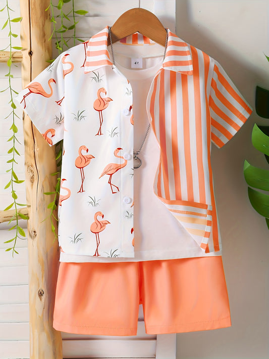 1 Set (2pcs) - Youngsters' Flamingo Print Short-sleeved Shirt and Shorts Set - A Cute And Stylish Summer Outfit Suitable for Daily Wear And Beach Vacations for Youngsters (White T-shirt Excluded), for Outdoor