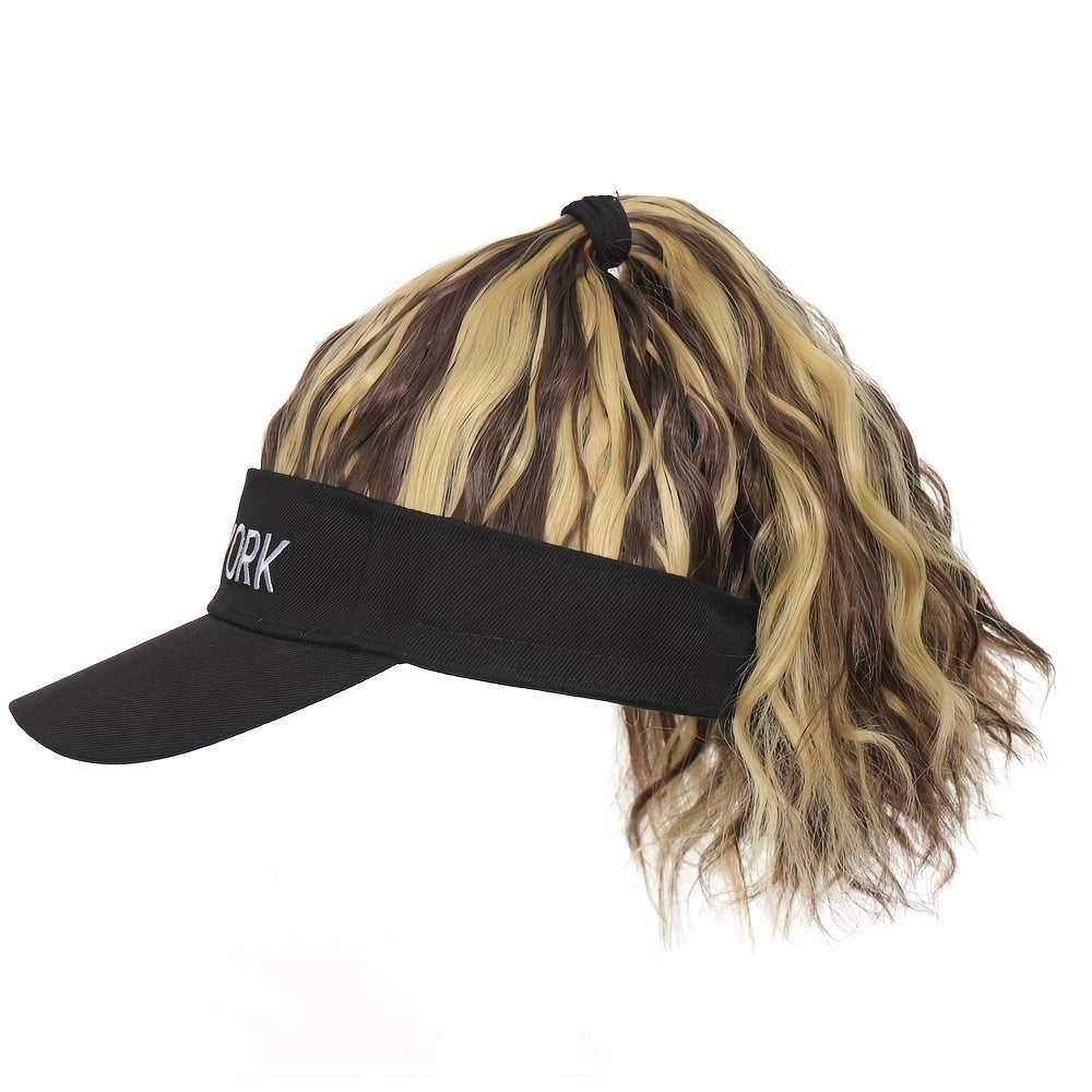 [Adjustable Baseball Cap] 1pc Adjustable Black Baseball Cap - Women's Synthetic Hair Visor Hat with Detachable Ponytail for Outdoor Sports and Fashion