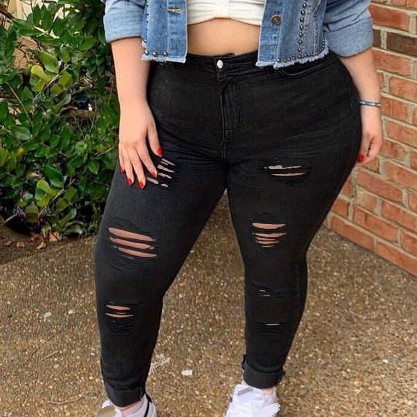 Plus Size Sexy Jeans, Women's Plus Ripped Button Fly Skinny High Stretch Slimming Jeans