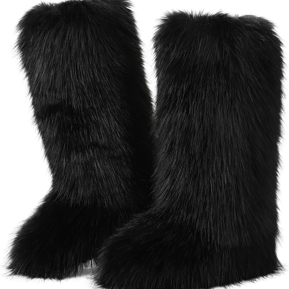 [Warm Furry Winter Boots] AMINUGAL Women's Warm Furry Winter Boots - Slip-On Mid-Calf Boots with Thick Cushioned Sole, PU Lining & Round Toe for Cold Weather Comfort | Black Casual Party Boots, Winter Footwear, Fluffy Boot De