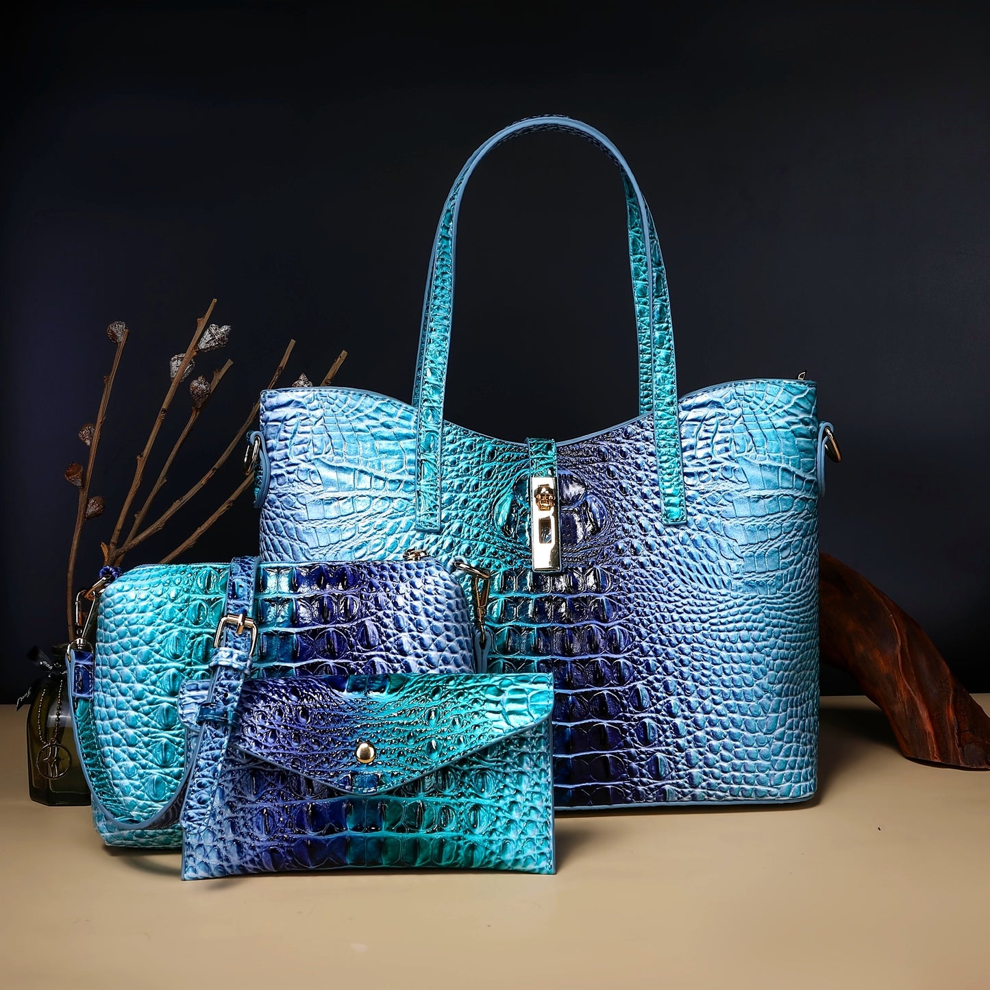 3pcs Set: Colorful Crocodile Pattern Large Capacity Faux Leather Tote & Crossbody Bags With Matching Wallet Combo, Christmas, Mother'S Day Gifts, Halloween Gifts