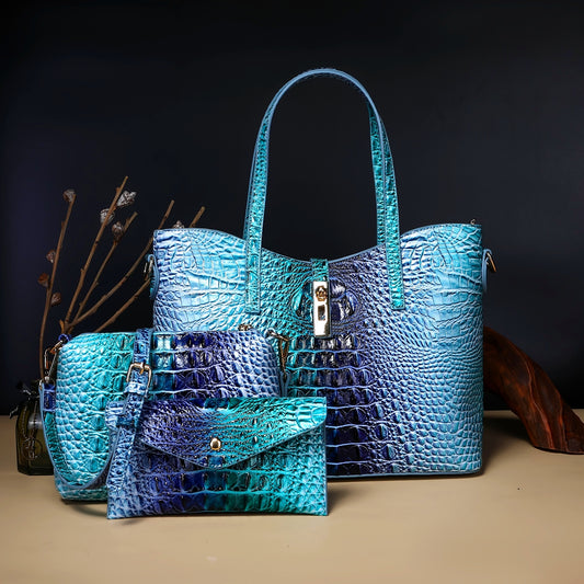 3pcs Set: Colorful Crocodile Pattern Large Capacity Faux Leather Tote & Crossbody Bags With Matching Wallet Combo, Christmas, Mother'S Day Gifts, Halloween Gifts