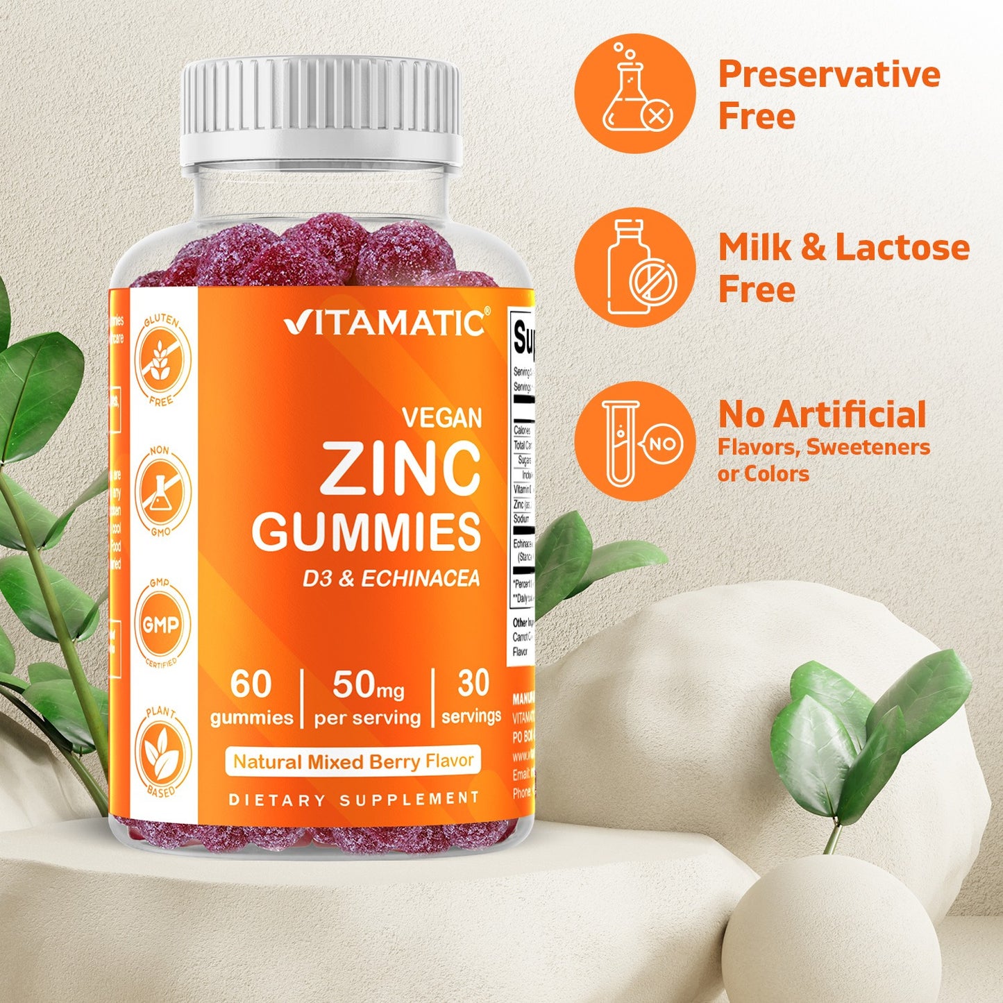 Vitamatic Zinc 50mg Gummies - 60 Vegan Gummies - Gluten Free - Healthy Immune Support for Adults, Men, Women