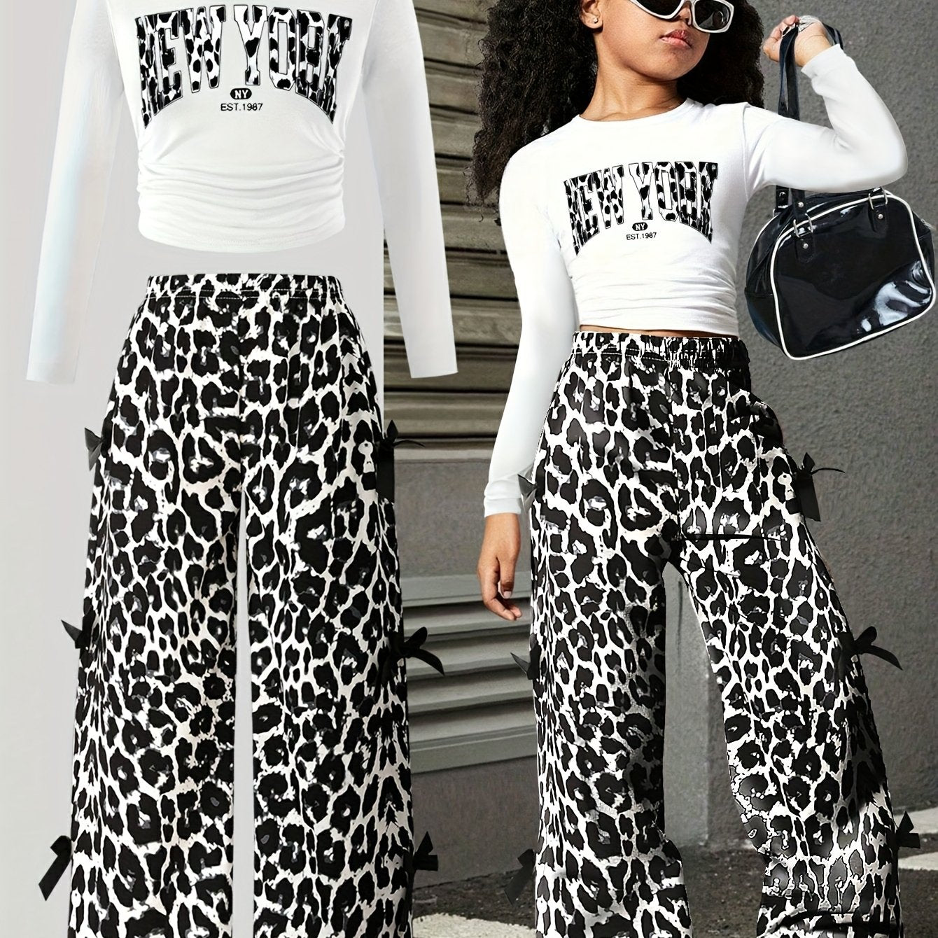Girl's Outfit Set Stylish 2 piece Girls' Outfit Set - White & Black/White/Gray/Beige/Brown/Blue/Green/Red/Leopard Print - Long Sleeve Tunic Top & High-Waisted Wide-Leg Pants with Belt, Fitted & Flared Design, Round Neck, Mac