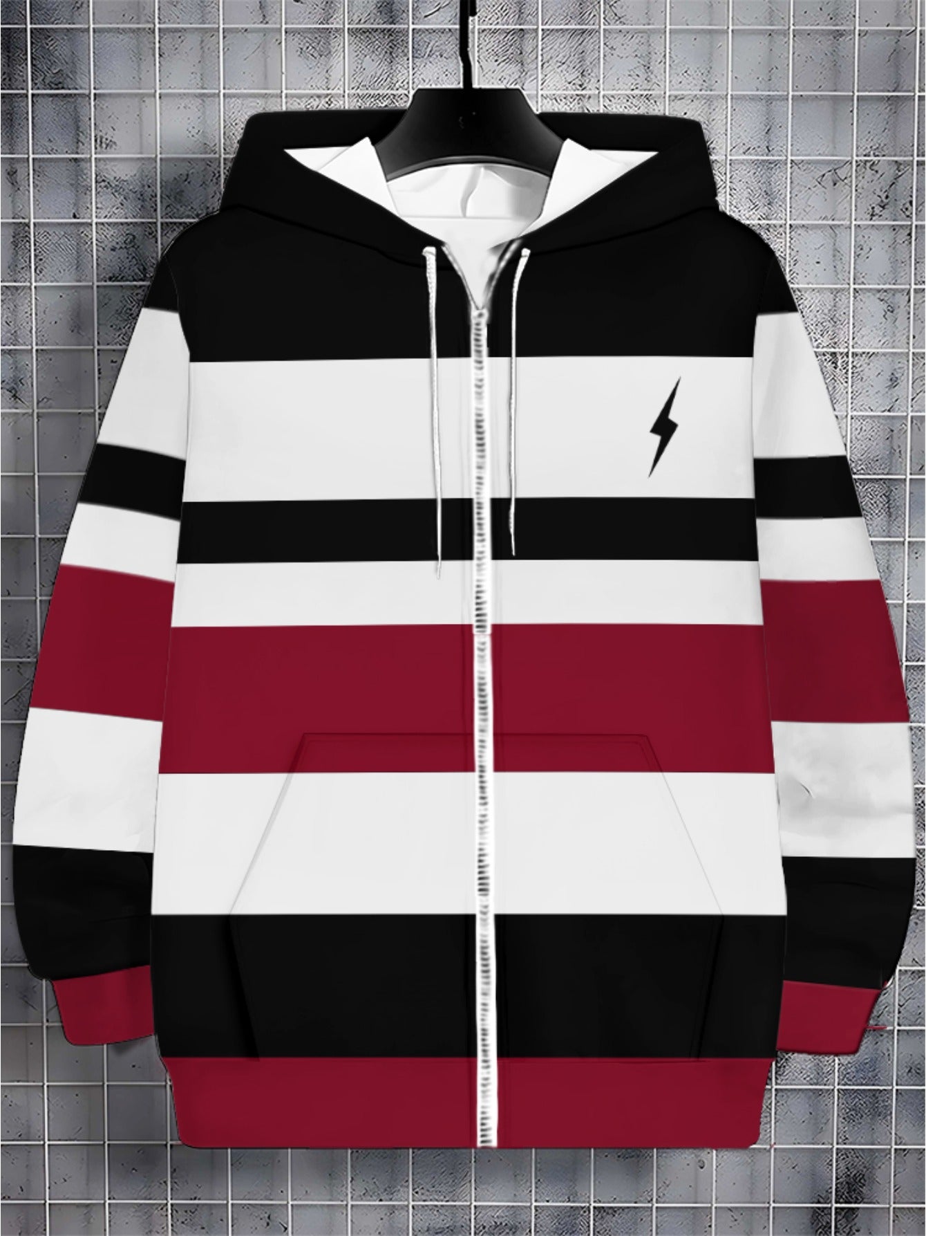[Men's Lightweight Hoodie] Men's Lightweight Hoodie - Full-Zip Closure Hooded Sweatshirt, Black/White/Red Color Block Pullover for Fall/Winter, Casual Streetwear & Outdoor Activities, Everyday Comfort Fit Hooded Sweatshirt, S