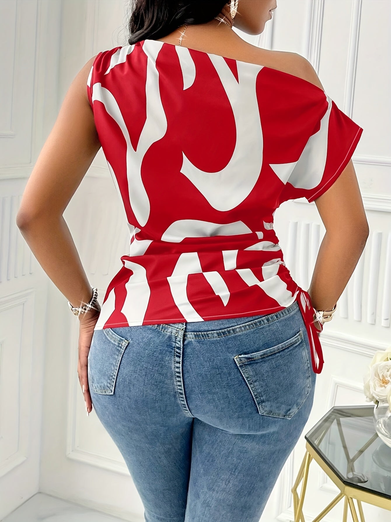 Geometric Printed Asymmetrical Shoulder Drawstring Ruched Side Blouse, Random Print For New Year Clothes One Shoulder Top