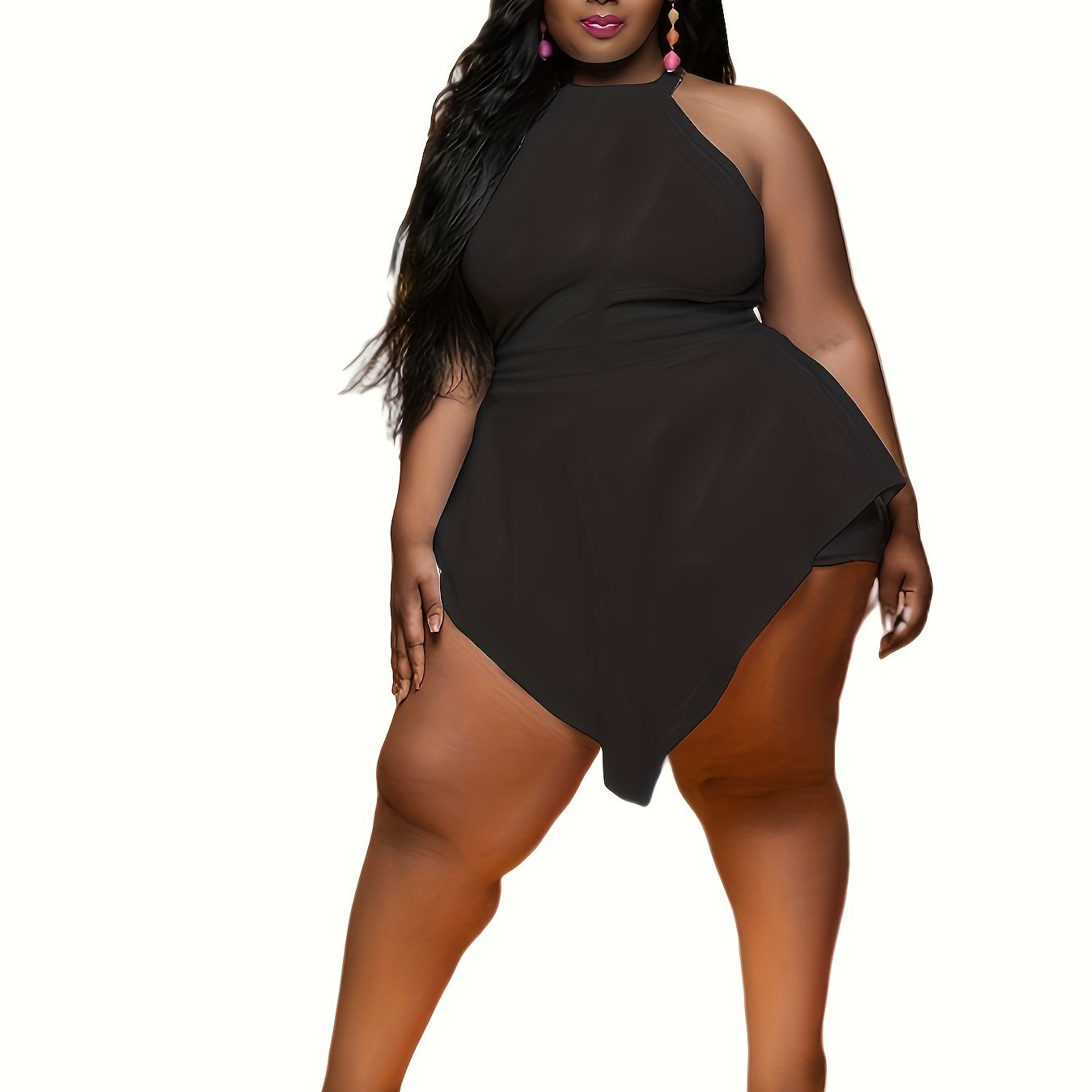 Plus Size Elegant Black Bodycon Jumpsuit - Stretchy Fabric with Zipper Back, Machine Washable, All-Season Versatile Wear for Women, Seamlessbodysuit, Formal Attire, Nontransparent Fabric