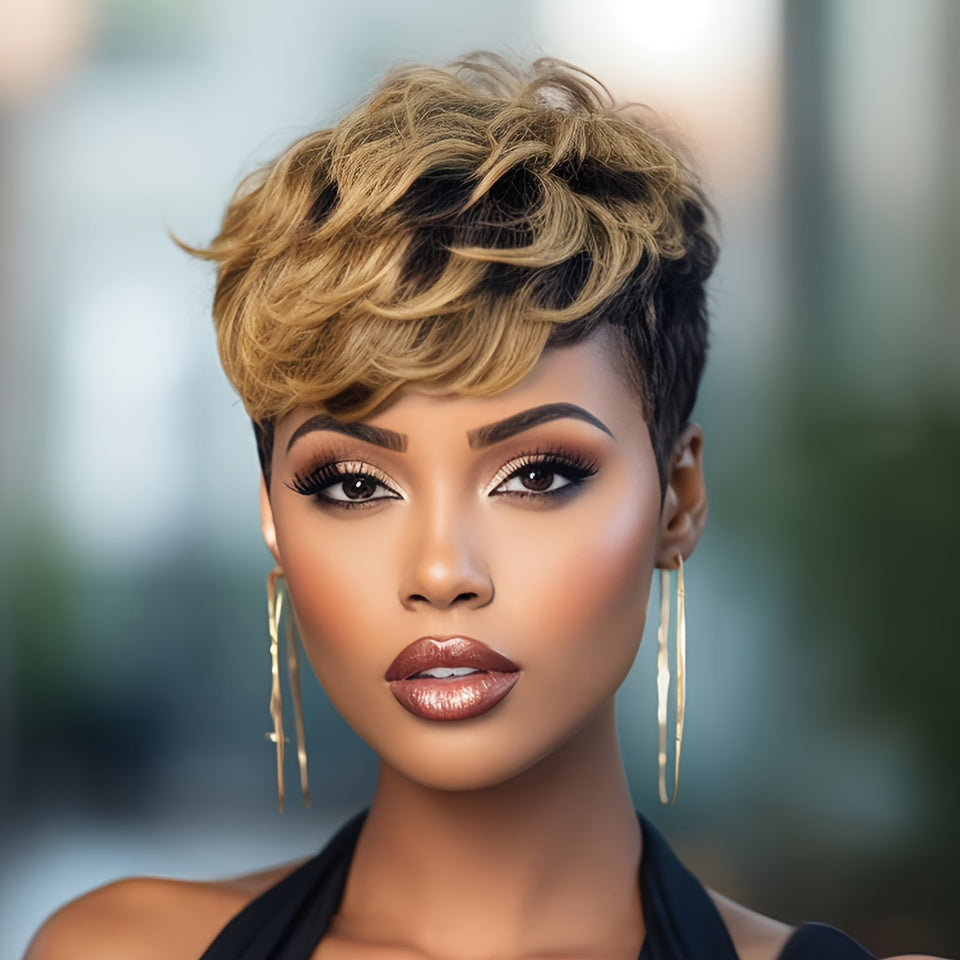 Women'S Remy Peruvian Human Hair Wig with Bangs - Layered Short Straight Pixie Cut, Natural Brown Balayage Highlights (1B/30#), Density Full Head