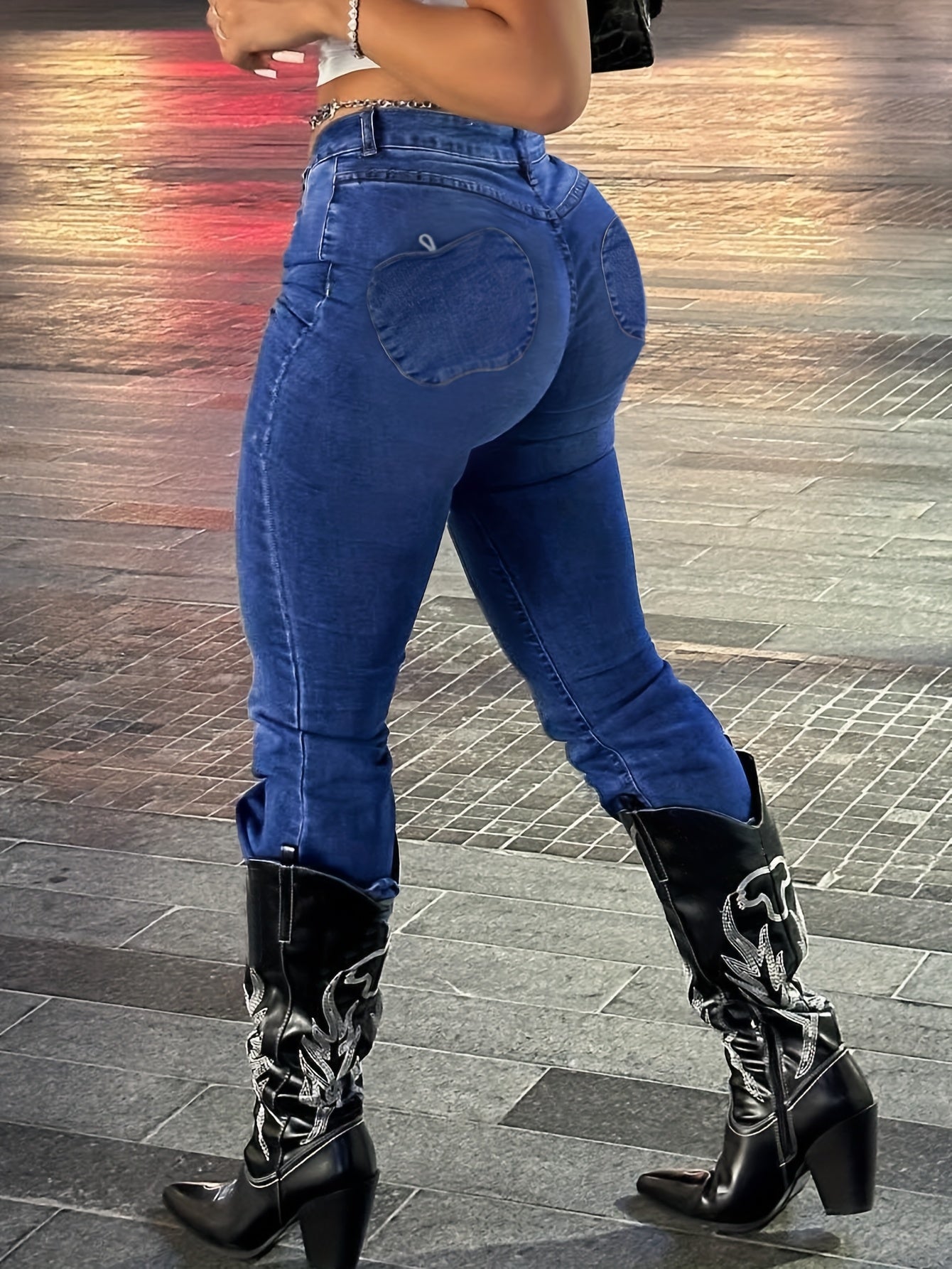 Women'S Y2K Streetwear Low-Rise Flare Jeans - Stretch Denim with Geometric Pocket Design, Long Length, Black & White Contrast, All-Season Comfort Fit, Streetwear Fashion | Y2K Fashion | Stretch Denim Jeans