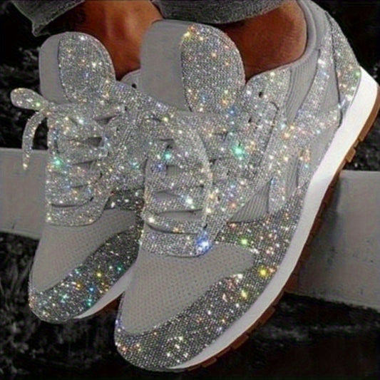 2025 Trend Alert! Women'S Sparkly Sequin-Embellished Color-Block Platform Sneakers - Breathable Thick Sole, Lace-Up Low-Top Design for Street Style & Festivals, All-Season Comfort, Festival Footwear, Glamorous Shoe Design, Du