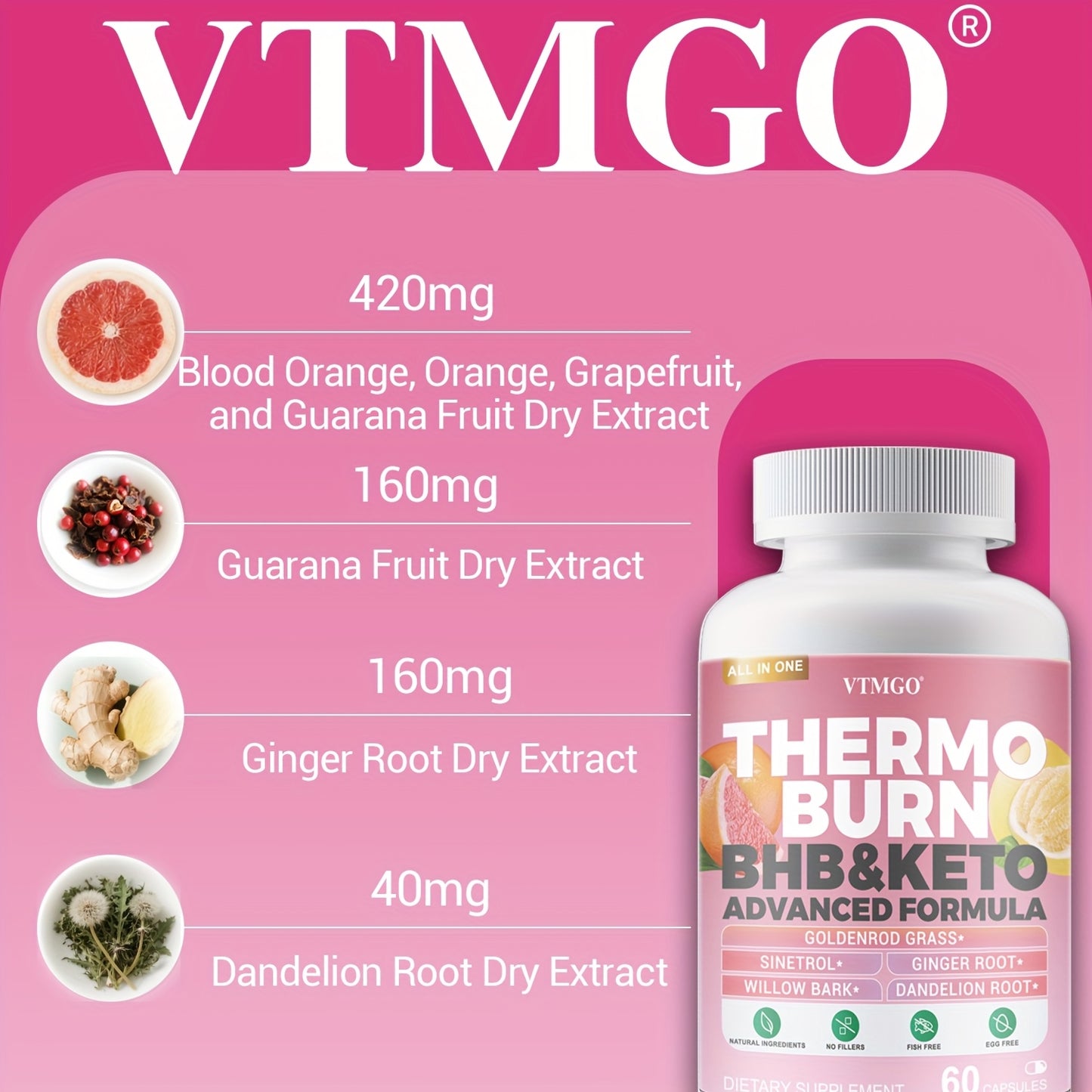 THERMO BURN Capsules Contain Caffeine, Flavonoids, Ginger Root, And Dandelion Root. Natural Ingredients Can Help You Maintain Your Figure And Help Through Metabolism - VTMGO