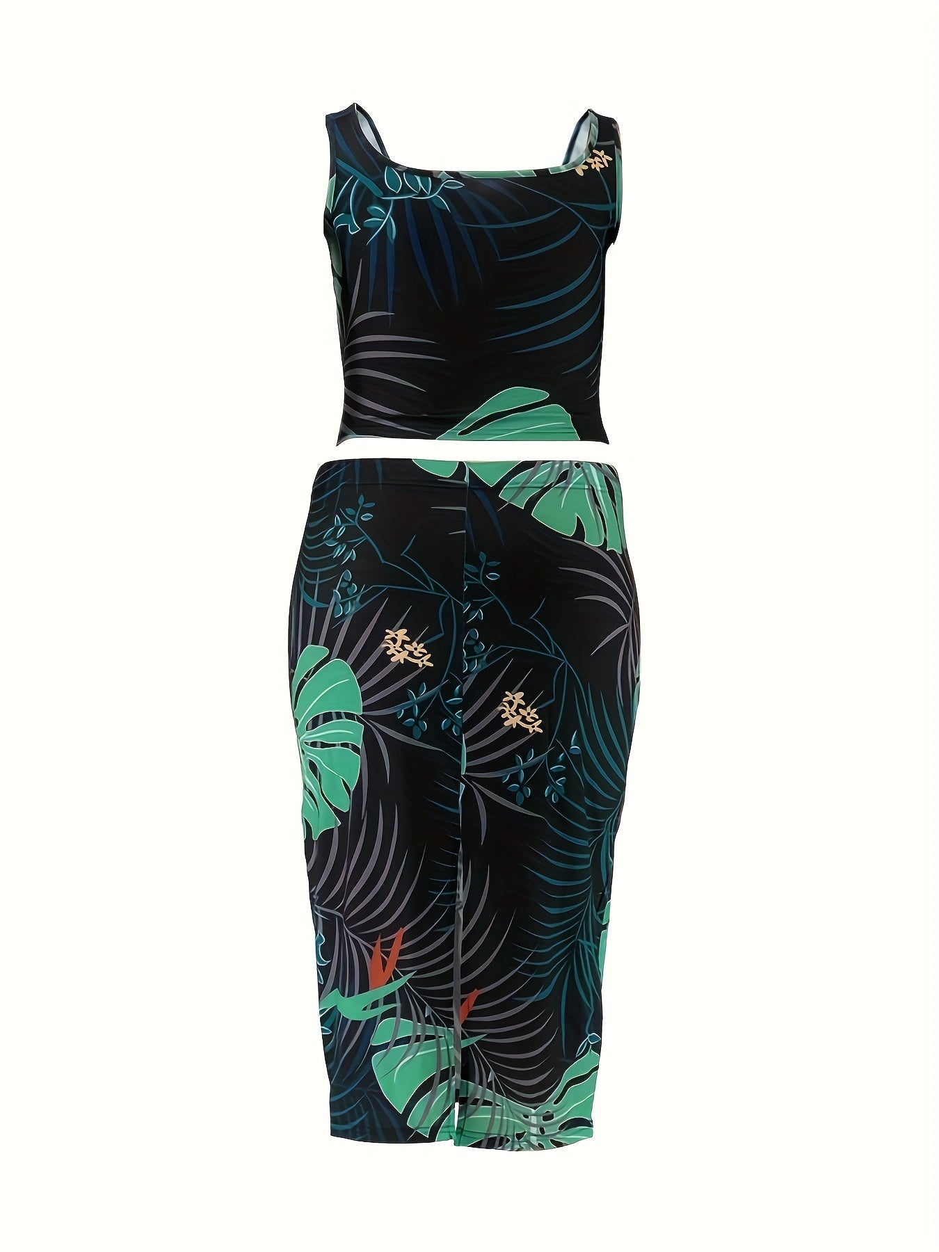 Plus Size - Plus Size Women'S Summer Casual Fashion Sexy Color Block Leopard Print Round Neck Sleeveless Crop Top + Color Block Leopard Print Sexy Bodycon Back Slit Skirt Two-Piece Set