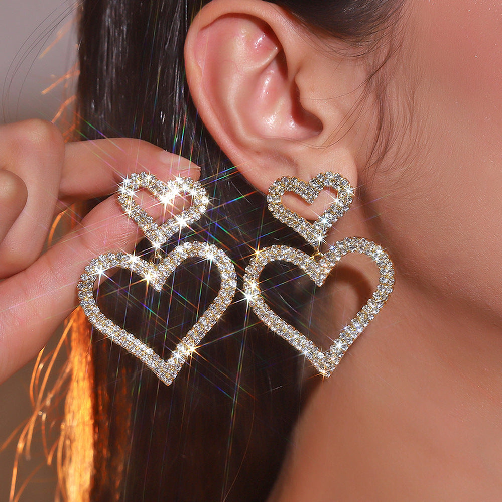 Women's Elegant Double Heart Rhinestone Dangle Earrings - Sparkling Party Jewelry for Valentine's Day, Anniversary, Birthday, Mother's Day Gift - Year-Round Glamour & Everyday to Evening Wear, Anniversary Present, Glamorous A