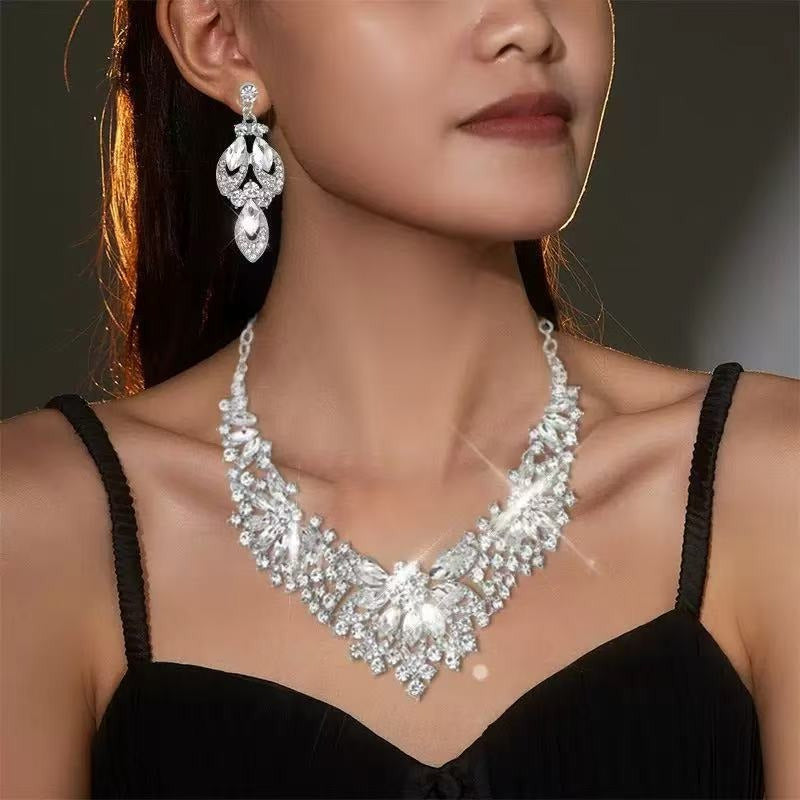 2pcs Bridal Wedding Dress Necklace Earrings Artificial Crystal Set Accessories Gifts Dinner Party