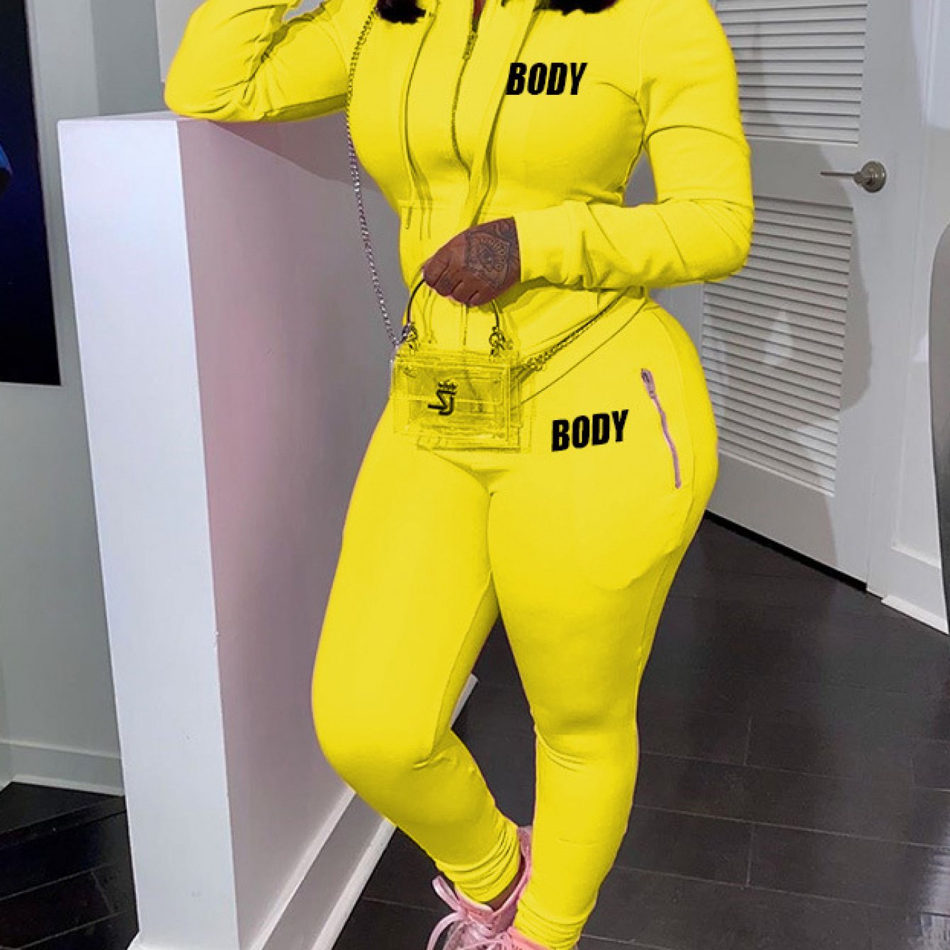 2pcs Women's Shapewear Set with Letter Print & Full Chest Padding - High Neck Zipper Front/Back Matching Outfit,  Initials/Look, Sporty Casual Bodysuit, Machine Washable 2pcs suit for Gym, Dance, Casual Attire