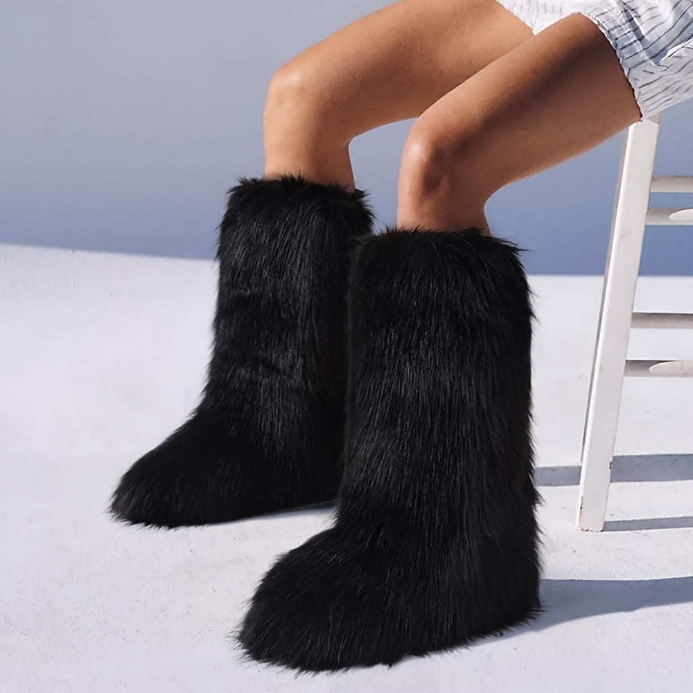 [Warm Furry Winter Boots] AMINUGAL Women's Warm Furry Winter Boots - Slip-On Mid-Calf Boots with Thick Cushioned Sole, PU Lining & Round Toe for Cold Weather Comfort | Black Casual Party Boots, Winter Footwear, Fluffy Boot De