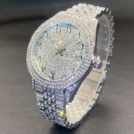 Men's Luxury Hip-Hop Watch with Sparkling Rhinestones, Quartz Movement & Date Calendar - Golden-Tone Metal -Accented Band, Battery-Powered for Parties, Dates, Valentine's Day Gifts, Hip Hop Jewelry, Date Night Watch, Rhinesto