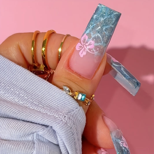 Upgrade Your Style, 24pcs Full Coverage Matte Artificial Nails with Purple Floral Pattern and Silvery Glitter Design for a Simple yet Elegant Look, Suitable for Daily Wear Nail Art