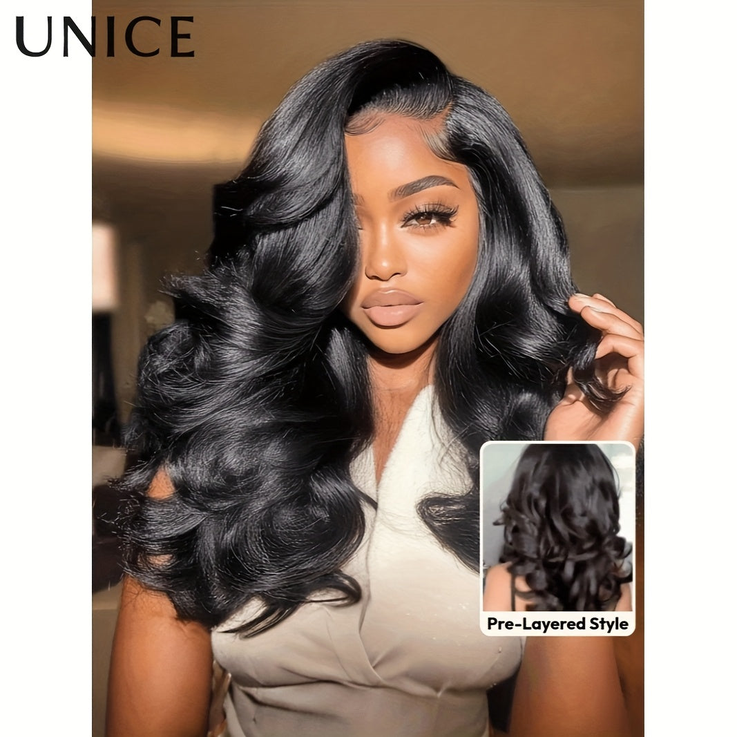 UNice 250% Density Human Hair Wig with Feathered Layers & Volume - Bye-Bye Slip (Adjusts 18"-24") | Secure Strips & Drawstring Closure | Pre-Layered Style for & | Hair Density (No Glue Needed)