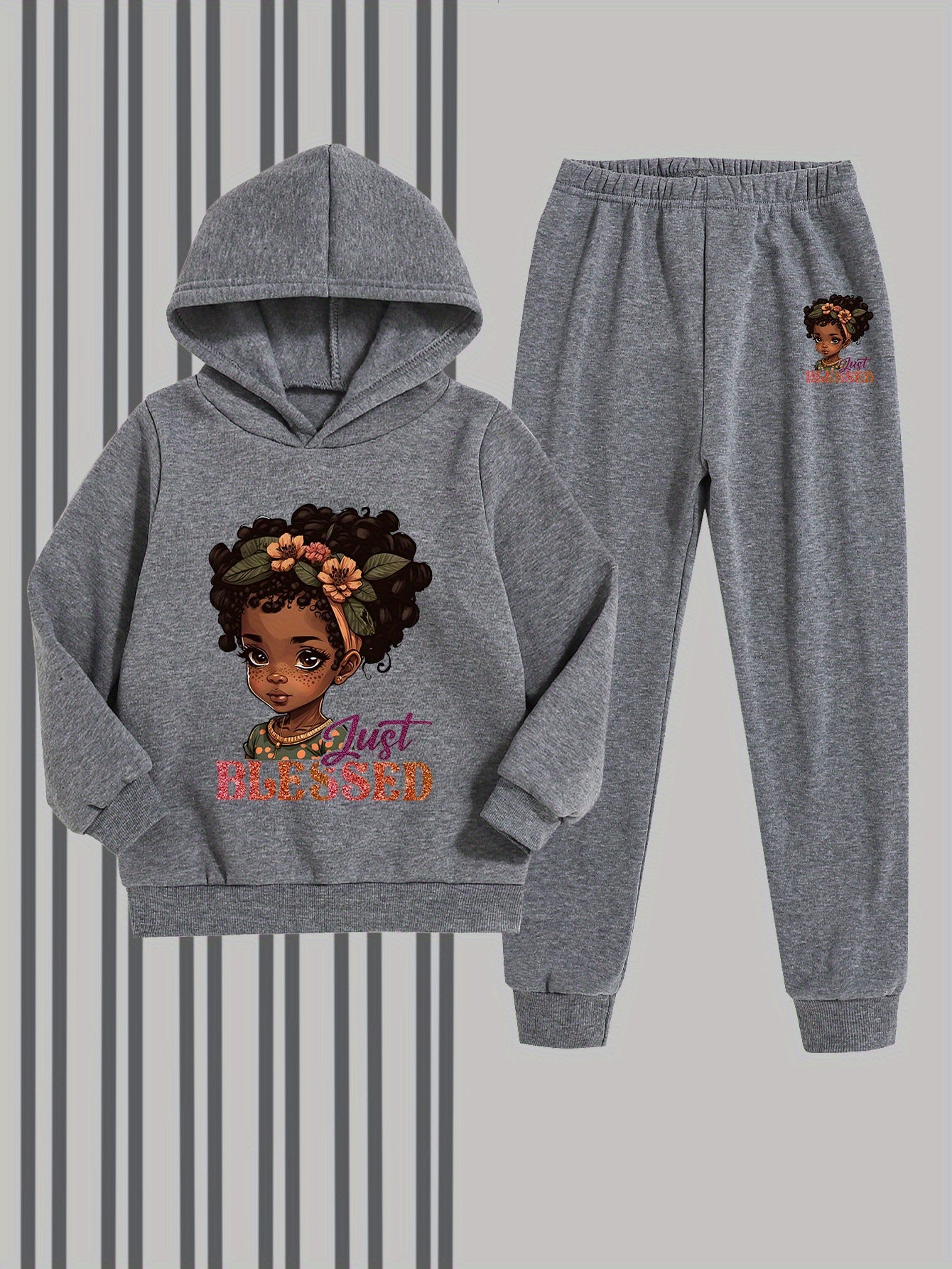 Girls' Fashion Hooded Sweatshirt and Pants Set, Creative Design with Cute Cartoon Prints, Comfortable Soft Polyester for Autumn/Winter Warmth, Perfect for Outdoor