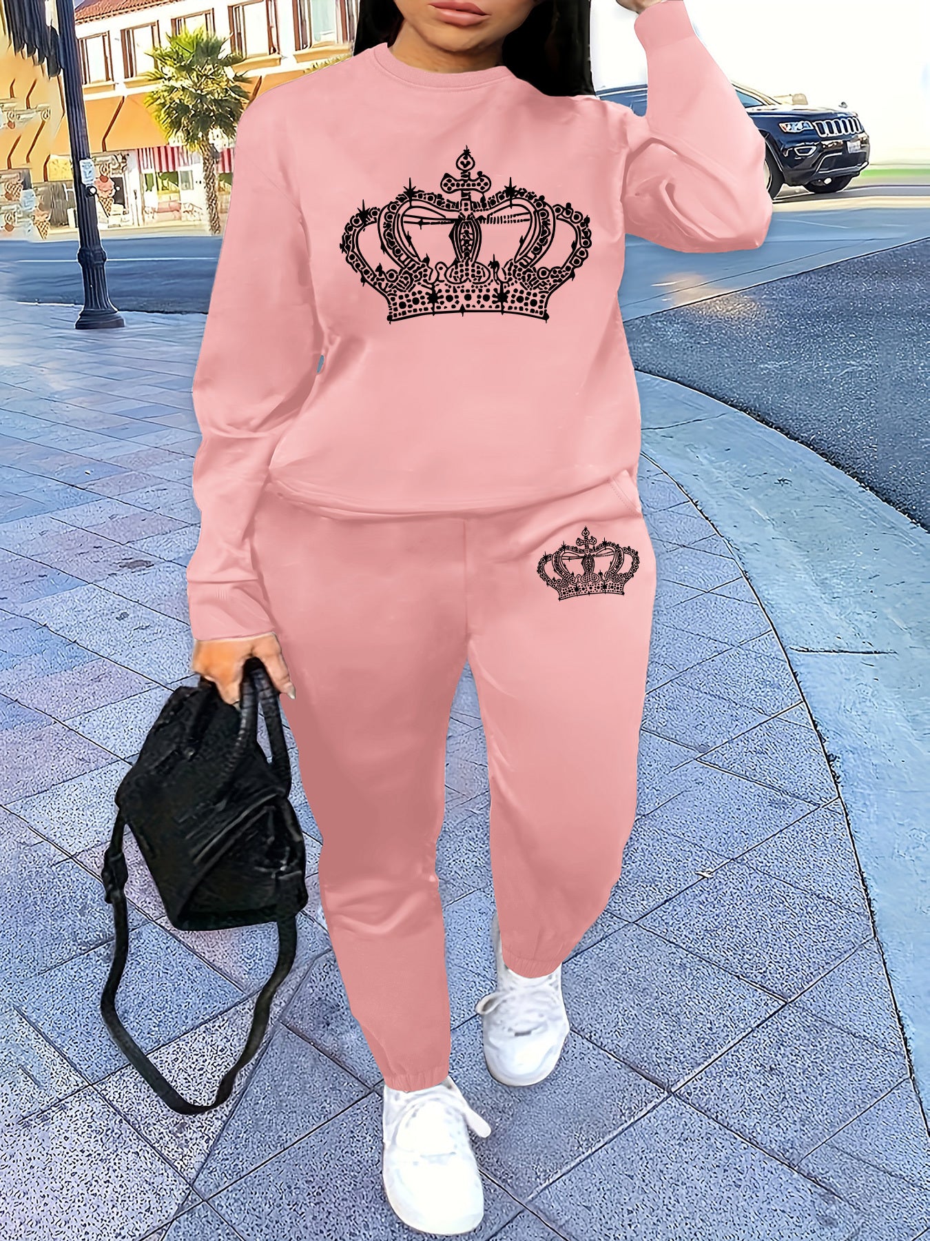 Women'S Casual Crew Neck Sweatshirt & Pants Set - with Crown Print, Fleece-Lined, All-Season Comfort, Casual Attire, Casual Wear, |crown Print Sweatshirt|fleece Lined Pants, Sweater Set