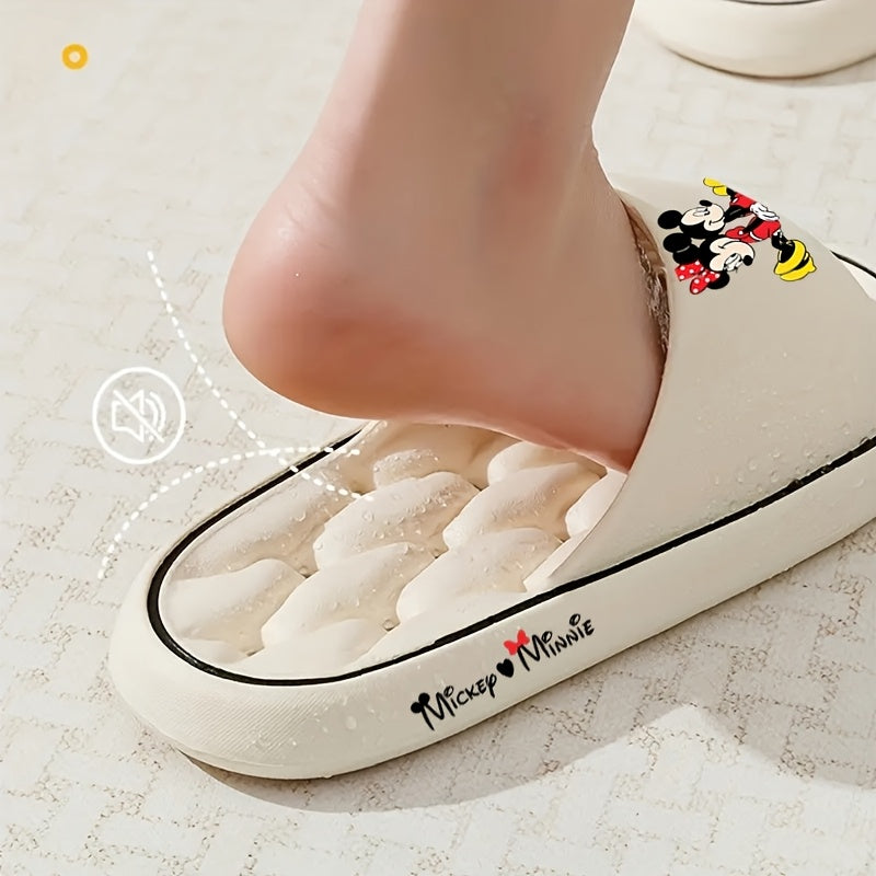 1 Pair Disney Mickey & Minnie Sitting Back-to-Back Cartoon Slip-On Slippers - Soft EVA Breathable Open-Toe Unisex Indoor/Outdoor House Shoes with Anti-Slip Sole, Cute Character Design for Women & Men (Beige/Black), All-Season