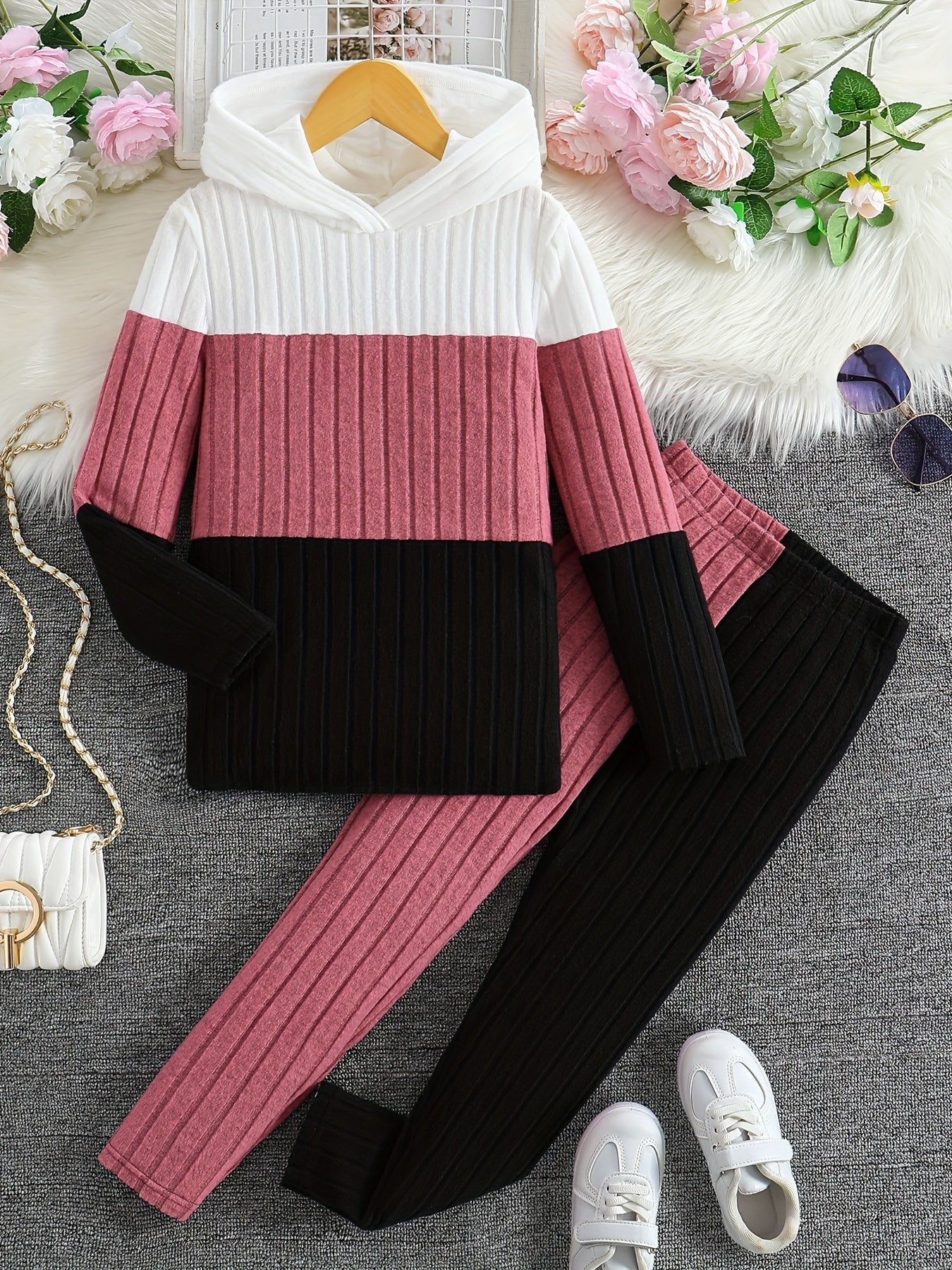 ' Two-Piece Striped Hooded Sweater Set | Long Sleeve Top and Long Trousers with Slight Stretch Fabric for Casual Wear, for Outdoor, Knit