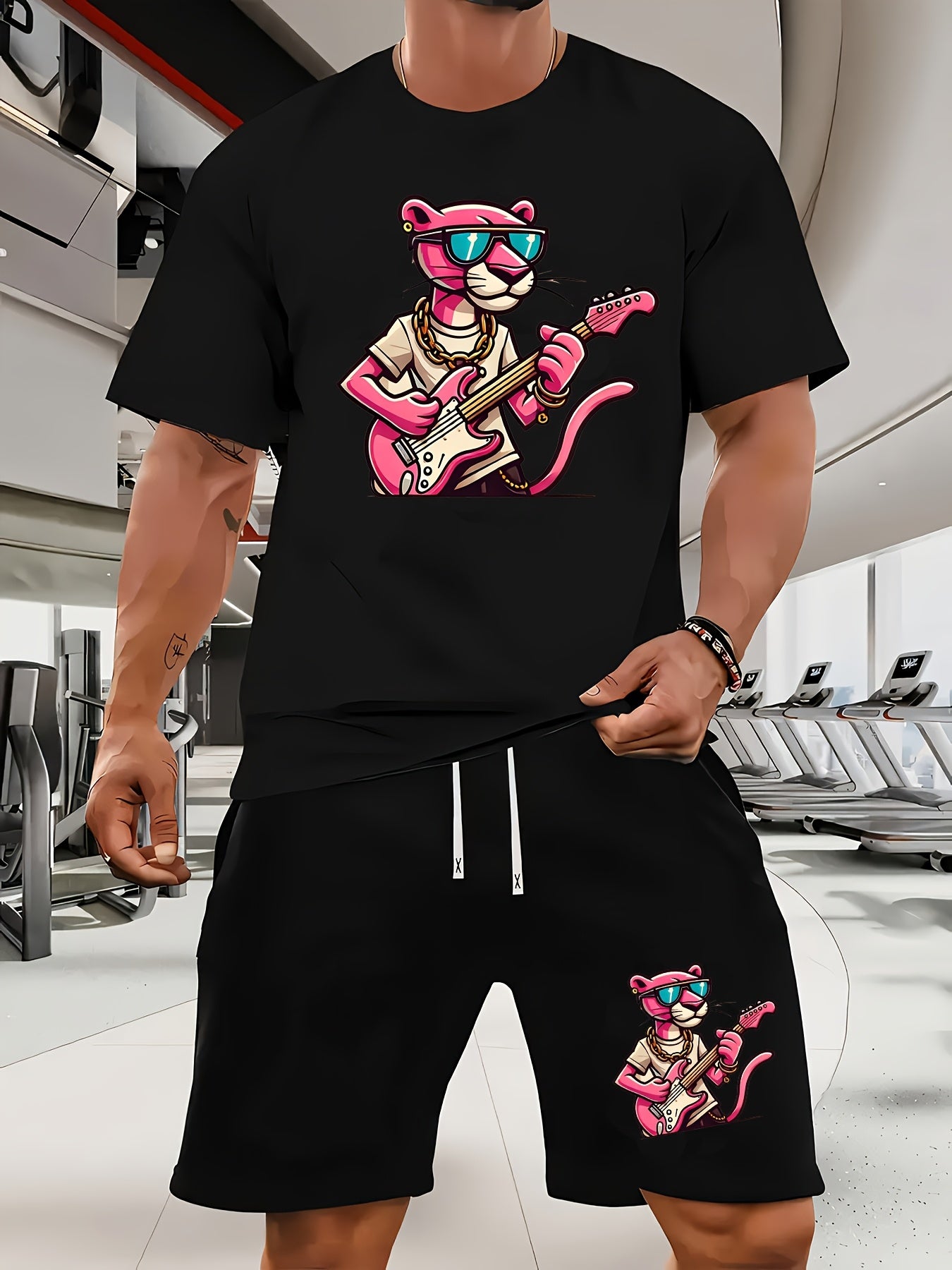 A Casual Sports Set Consisting of a Short-Sleeve T-Shirt Featuring a Stylish Pink Panther Cartoon Print And Fitted Shorts, Perfect for Spring And Summer Outfits.
