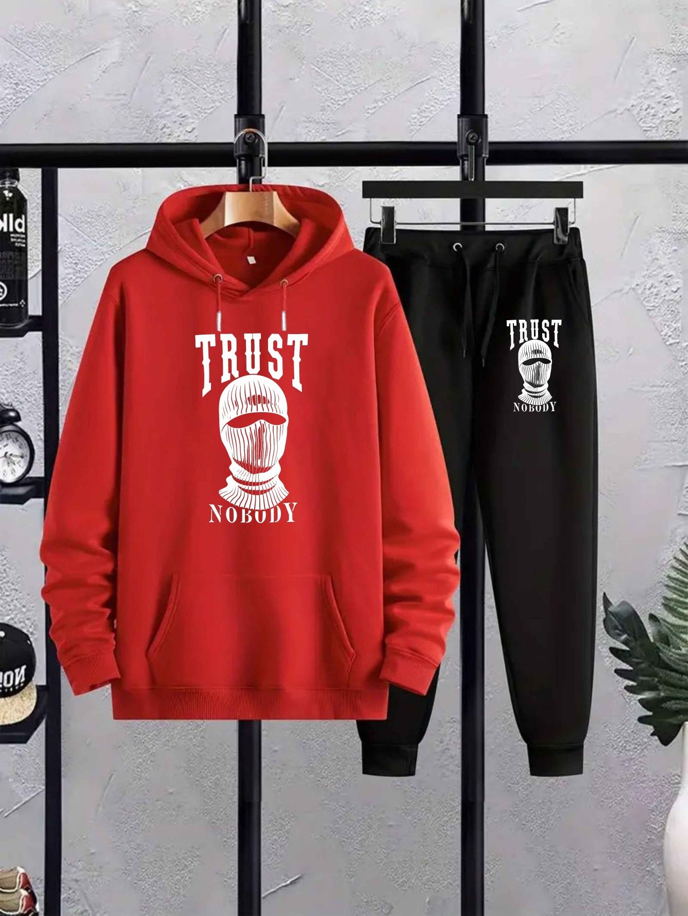 Trust Nobody Men's Large Size Autumn and Winter Hooded Sweatshirt Set New Men's Trendy Printed Drawstring Hoodie Casual Sports Top Set, PLUS SIZE