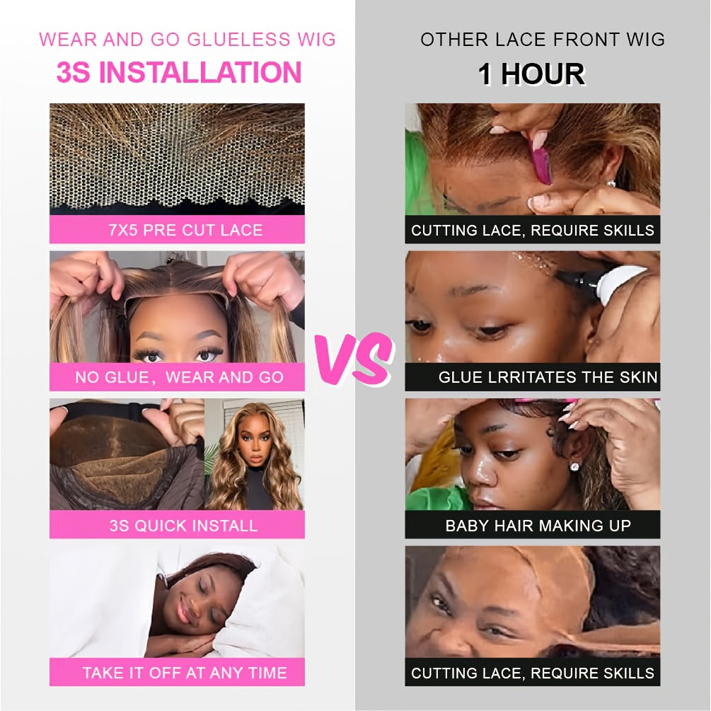 Glueless Human Hair Wig with 7x5 Lace Front - Ombre Highlight #FB30 (Balayage Blonde/Brown) Pre-Bleached Invisible Knots, 250% Density Body Wave Brown to Blonde Ombre, No Glue Needed, Instant Wear for (Lace Frontal Wigs