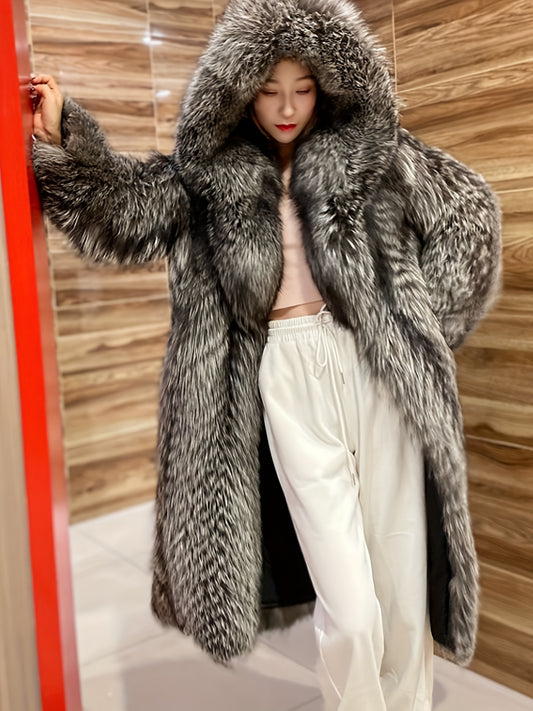 Plus Size, Women's Oversized Winter Coat - Long Hooded Plush Faux Fur Jacket with Full-Length Coverage, Thickened, Machine Washable, Large Size (Plus-Size Friendly) - Luxurious Cold-Weather Outerwear for Daily & Special Occas