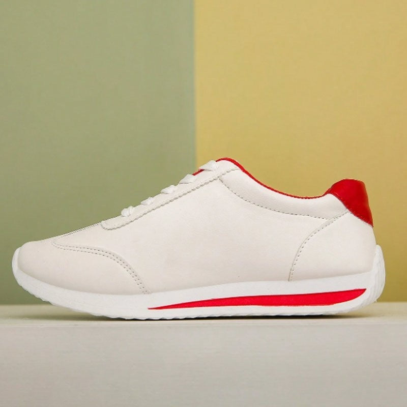 Women's Sneakers, Lace-Up Low-Top with Arch & Cushioned EVA Foam, -like Texture, White & Red Glossy Accent, All-Season Casual & Light Sports Shoes, Stylish White with Red Trim, White/Pink/Black Color Options, Korean Fashion-I