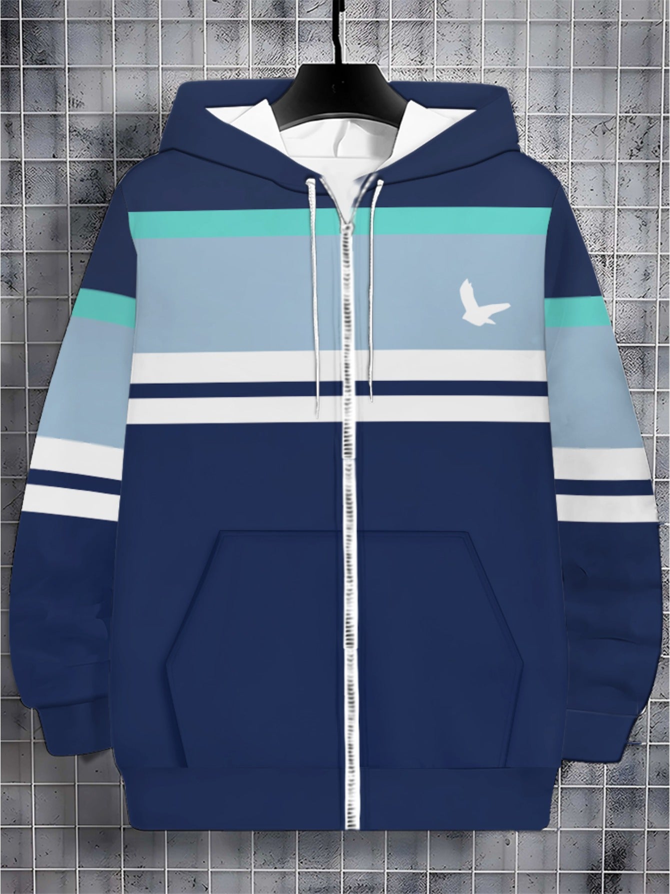 Men'S Lightweight Hoodie - Navy Blue & Aqua Stripes Zip-Up Pullover, Breathable Polyester Hooded Sweatshirt for Gym, Hiking, Casual Outfits - Athletic Casual Attire with Full-Zip Closure, Gym Hoodie, Outdoor Apparel, Sporty D