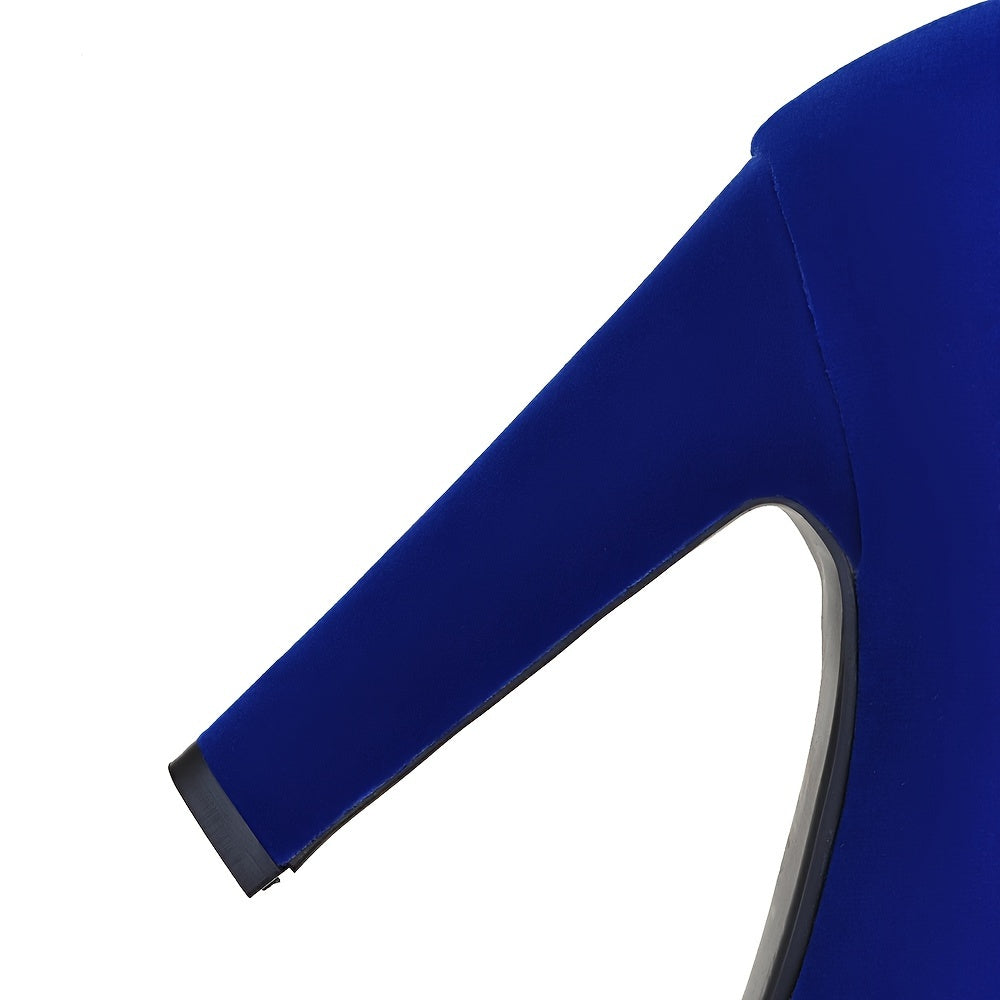 [Royal Blue Boots] Chunky Heel Women's Royal Blue Over-the-Knee Boots - Stretch Fabric, Round Toe, Rubber Sole, Side Zipper & Lace-Up Design - Fits 23-26.5cm Calf Length