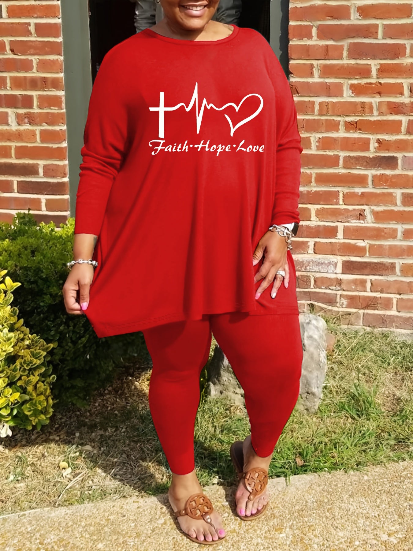 Plus Size - Plus Size - Women'S Plus Size Casual Crew Neck Long Sleeve Top & Pants Set - "Faith, Hope, Love" Letter Print with Pockets, Stretchy Polyester Blend, Black, Everyday Comfort Wear, Everyday Comfort Wear | Relaxed F