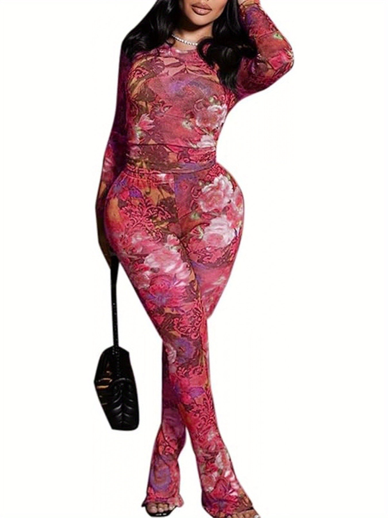Women Two Piece Set Floral Print See-Through Mesh Long Sleeve Round Neck Top and Pants Set Long Sleeve Round Neck Cropped Top and High Waist Flared Pants Set Y2K Style Suitable for Leisure, Party, Festival