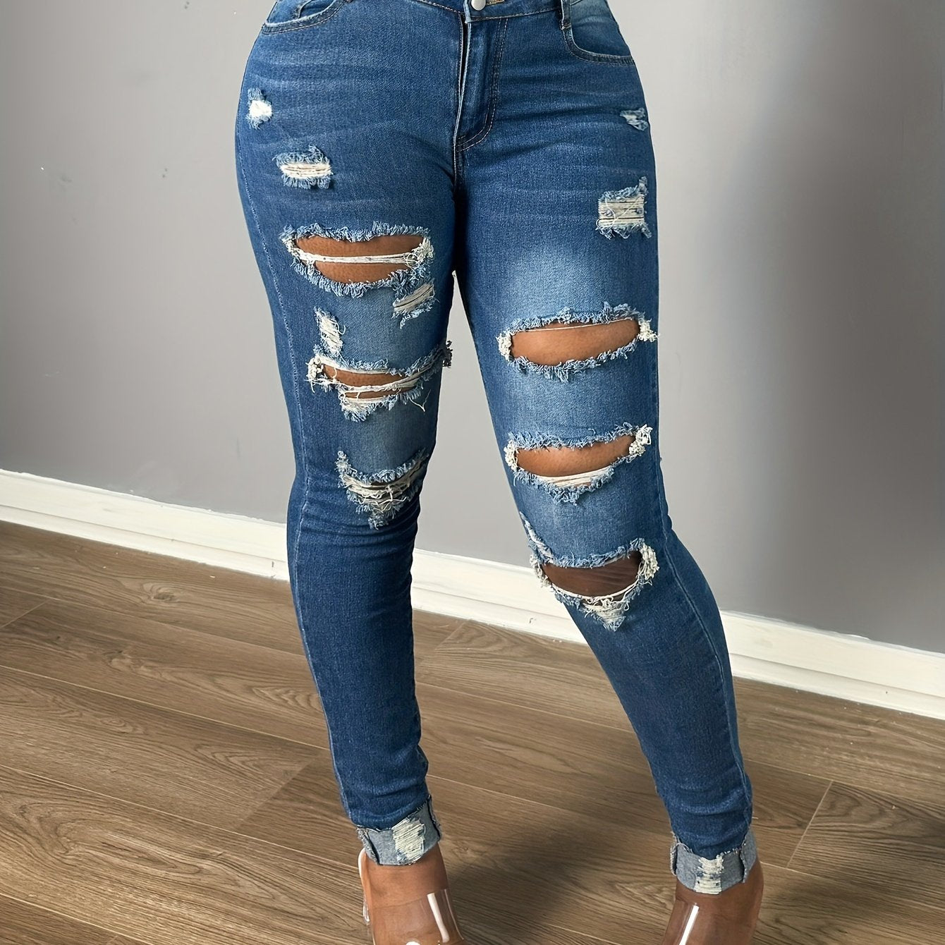 Stylish Slim-Fit Ripped Hem Skinny Jeans - Plicated Pattern, Distressed Wash, Slant Pocket, Stretchy Denim, Soft Fabric, Women's Fashion Denim Pants & Clothing For Casual Wear