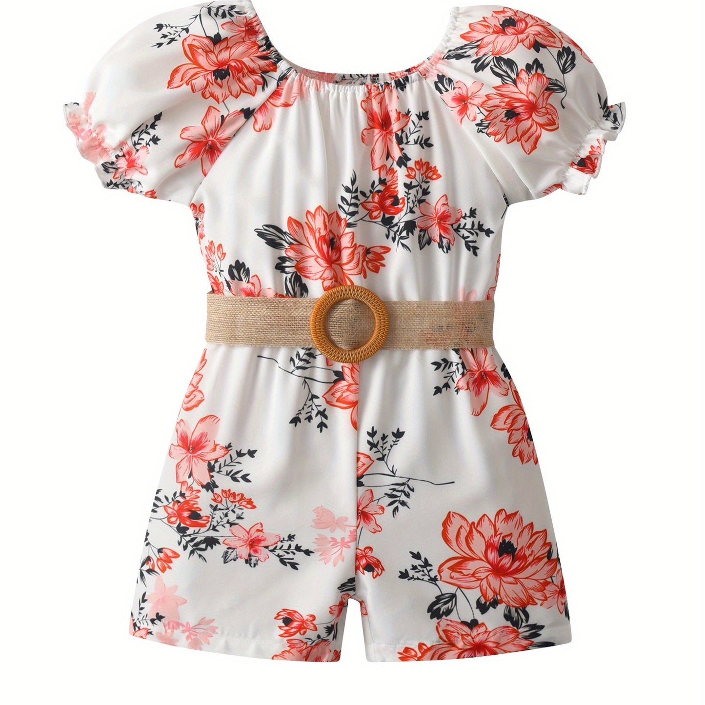 [Floral Romper] Summer Floral Print Girls' Romper Jumpsuit | Puff Sleeve, Lace-Up Belt, Machine Washable, Casual Playwear for 7 Years, Little Girls Clothes, Breathable Fabric