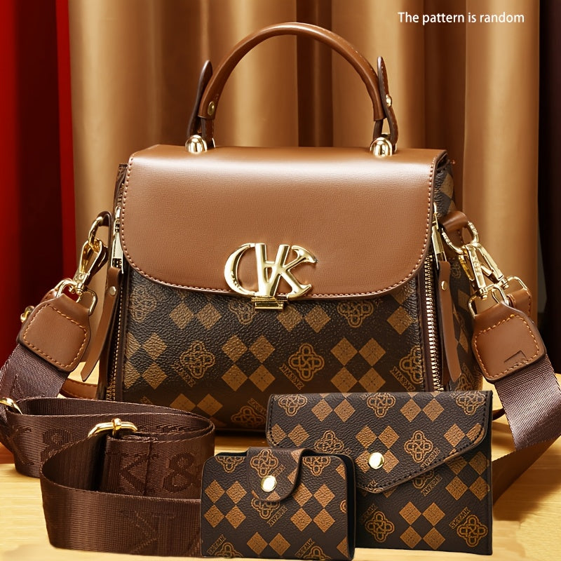 Women'S Handbag Set - Elegant Brown & Golden Tote with Detachable Strap, Zipper Closure, Polyester - Stylish Everyday & Formal Purse for Women, Versatile For Casual & Formal Occasions, Ladies Handbags, Urban Style, Durable Co