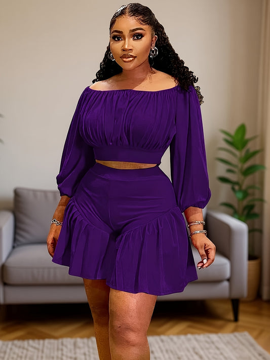 Plus Size - Plus Size - New Fluffy Waist-Cinching Casual Two-Piece Set with Pleated One Neck Design