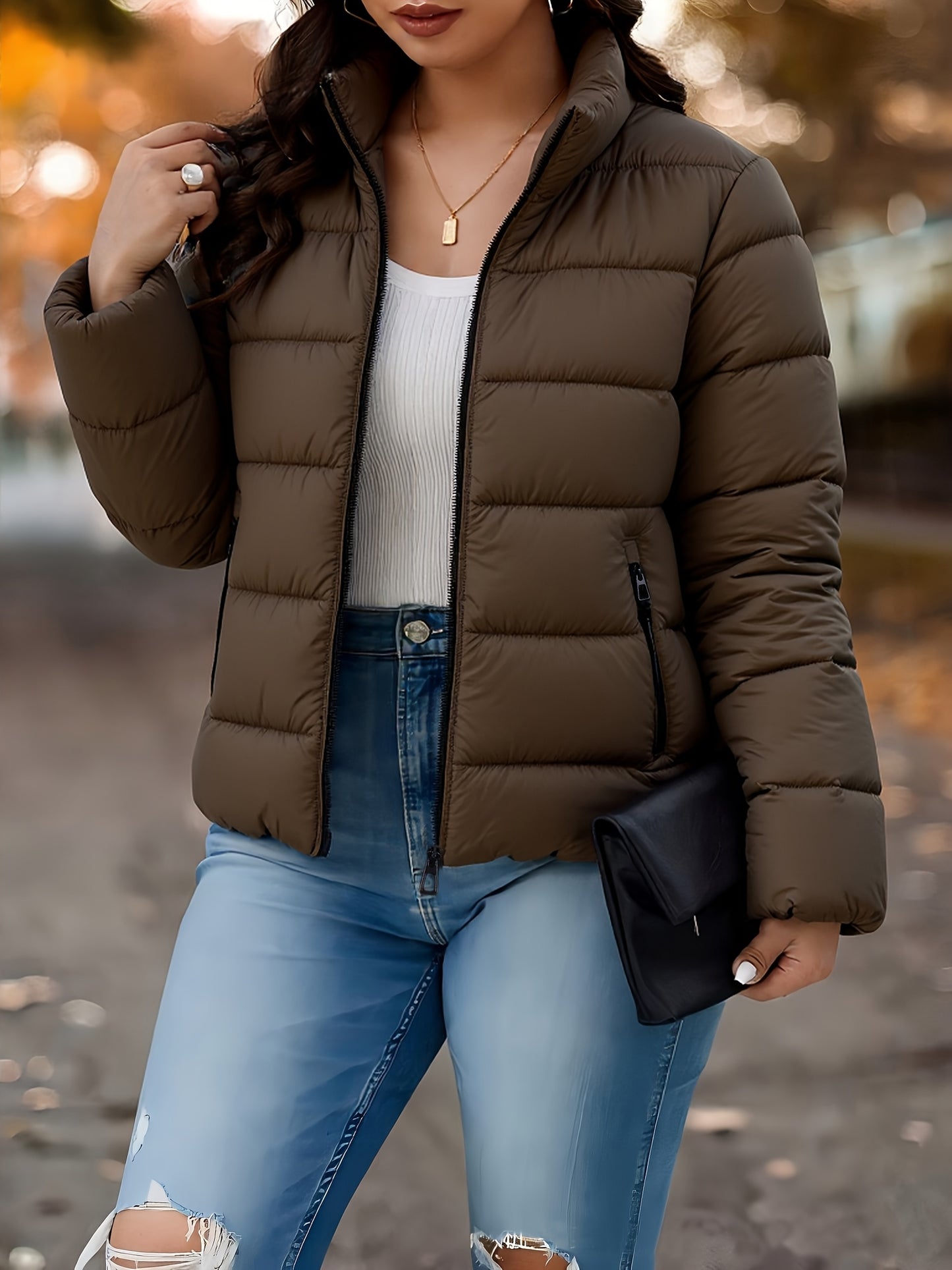 Women's Elegant Winter Warm Full-Zip Jacket with Full-Zip Front Closure, A-Line Silhouette & Stand Collar - Beige/White Coat with Full-Length Zipper, Machine Washable Outerwear for Casual & Formal Events - Cozy Winter Outer J