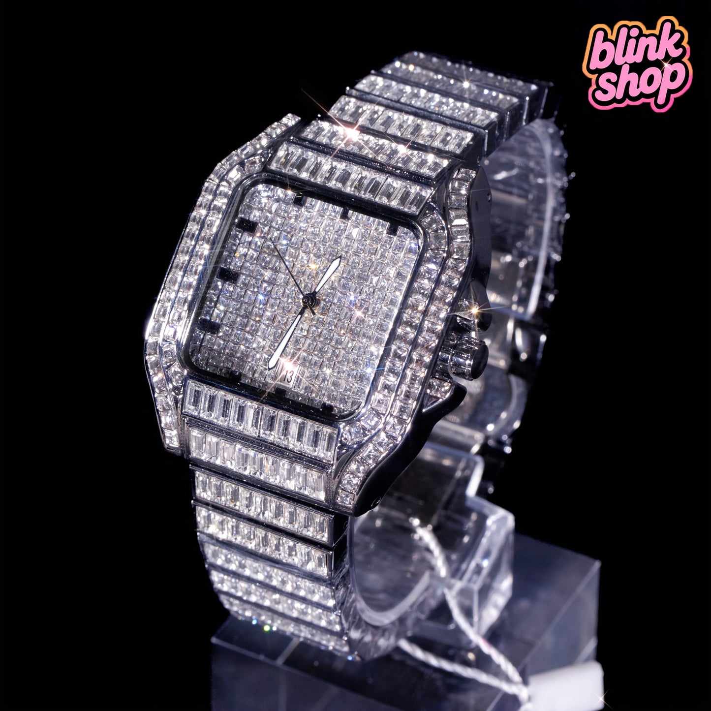 Luxury Hip Hop Square Rhinestone Watch - Full Rhinestone Geometric Glow-in-the-Dark Dial, Stainless Steel Band, 30m Waterproof, Mechanical Movement, Elegant Stage Performance Wristwatch for Christmas, Thanksgiving, Valentine'