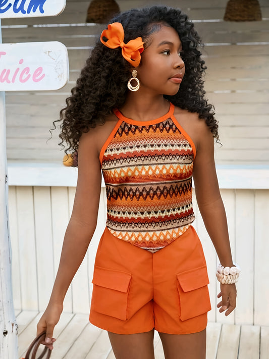 Tropical Chic] Tropical Print Tank Top & Cargo Shorts Set - Off-Shoulder, Asymmetrical Hem, Stretchy Blend, Vibrant Summer Outfit for Women, Vacation Clothing | Asymmetrical Hem Top | Textur, for Outdoor